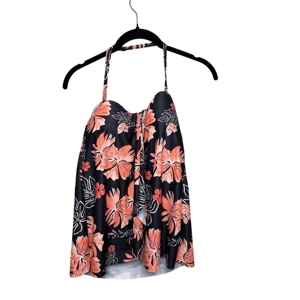 Tempt Me Womens Tropical Floral Halter Tankini Top Black Coral Size Medium